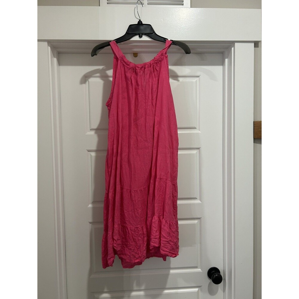 Bellambia 100% Linen Shift Dress Sz L Hot Pink Sleeveless Tie Back RufIled Italy